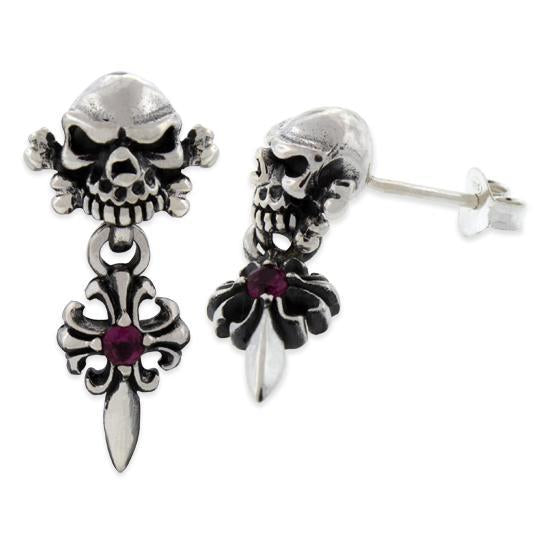 Sterling Silver Cross Fleury Bones Skull CZ Earrings
