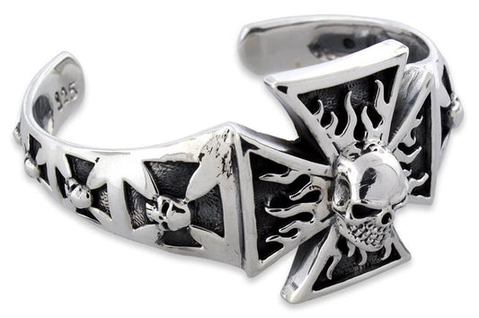 Sterling Silver Iron Cross Flaming Skull Bangle Bracelet