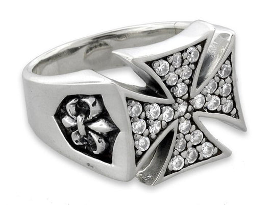 Sterling Silver CZ Iron Cross with Fleur de Lis Ring