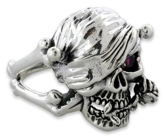 Sterling Silver One Eyed Skull with Rose Ring