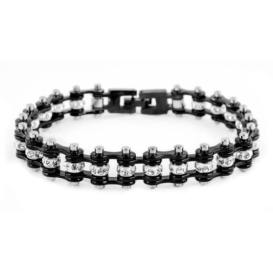 3/8" Wide MiniAll Black with White Crystal Centers Stainless Steel Motorcycle Bike Chain Bracelet
