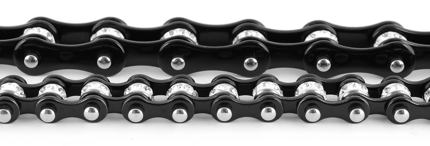 3/8" Wide MiniAll Black with White Crystal Centers Stainless Steel Motorcycle Bike Chain Bracelet