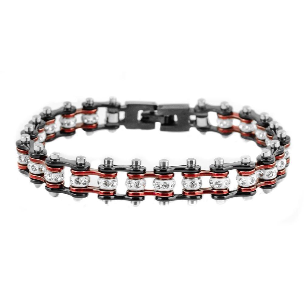 3/8" Wide MiniTwo Tone Black Candy Red with White Crystal Centers Stainless Steel Motorcycle Bike Chain Bracelet