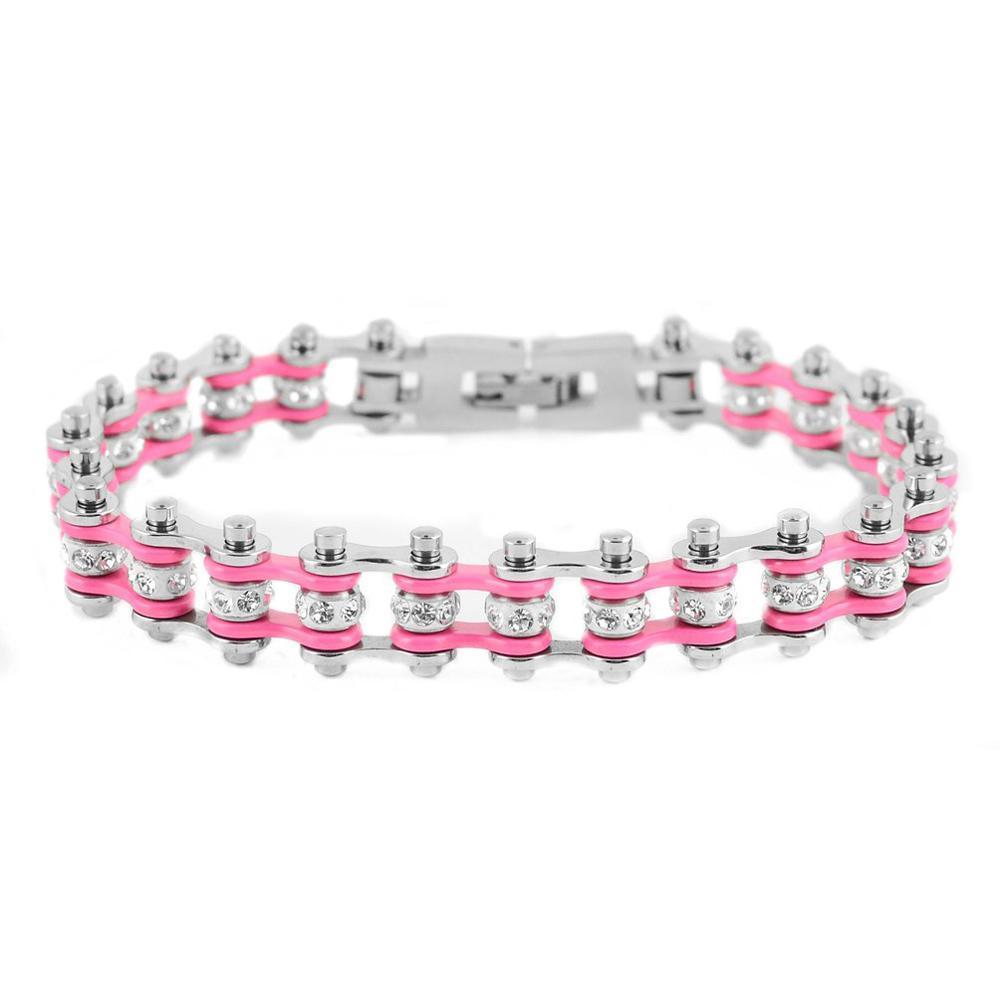 1/2" Wide MiniTwo Tone Silver Pink with White Crystal Centers Stainless Steel Motorcycle Bike Chain Bracelet