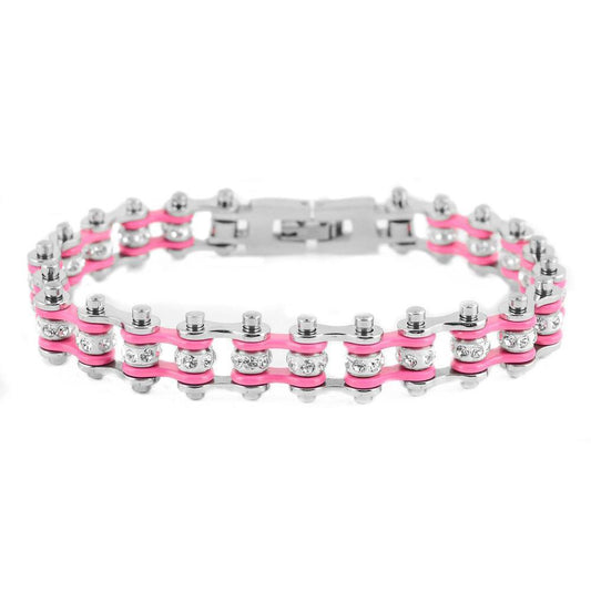 1/2" Wide MiniTwo Tone Silver Pink with White Crystal Centers Stainless Steel Motorcycle Bike Chain Bracelet
