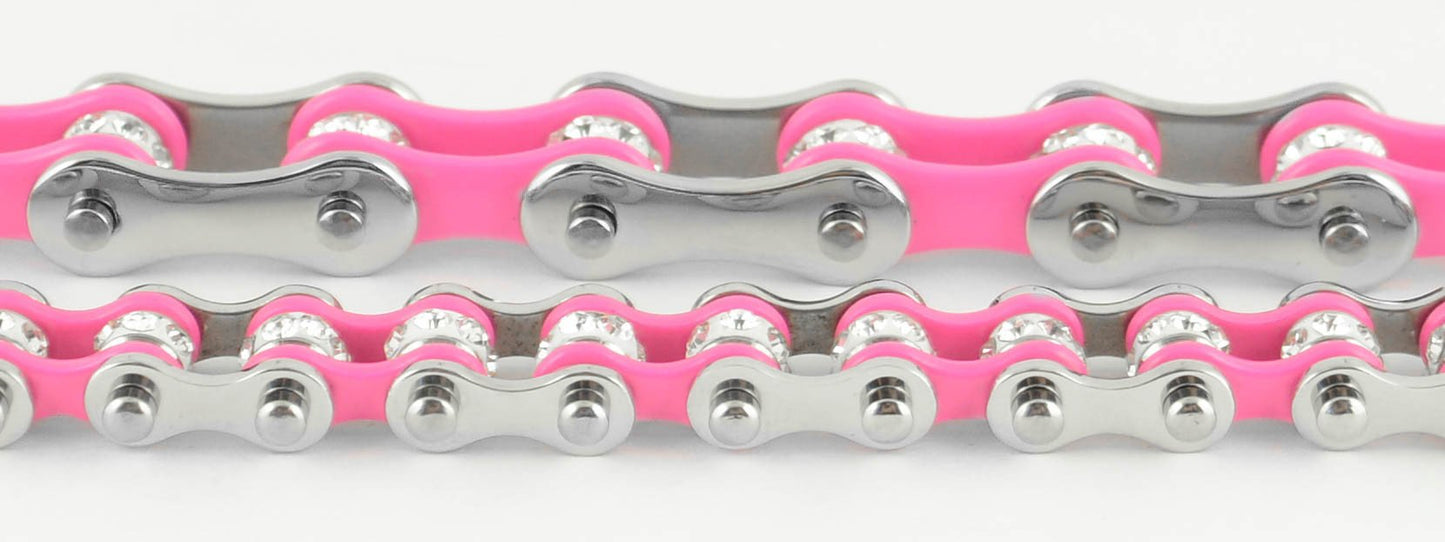 1/2" Wide MiniTwo Tone Silver Pink with White Crystal Centers Stainless Steel Motorcycle Bike Chain Bracelet