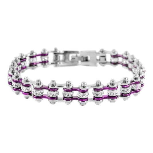 3/8" Wide MiniTwo Tone Silver Candy Purple with White Crystal Centers Stainless Steel Motorcycle Bike Chain Bracelet