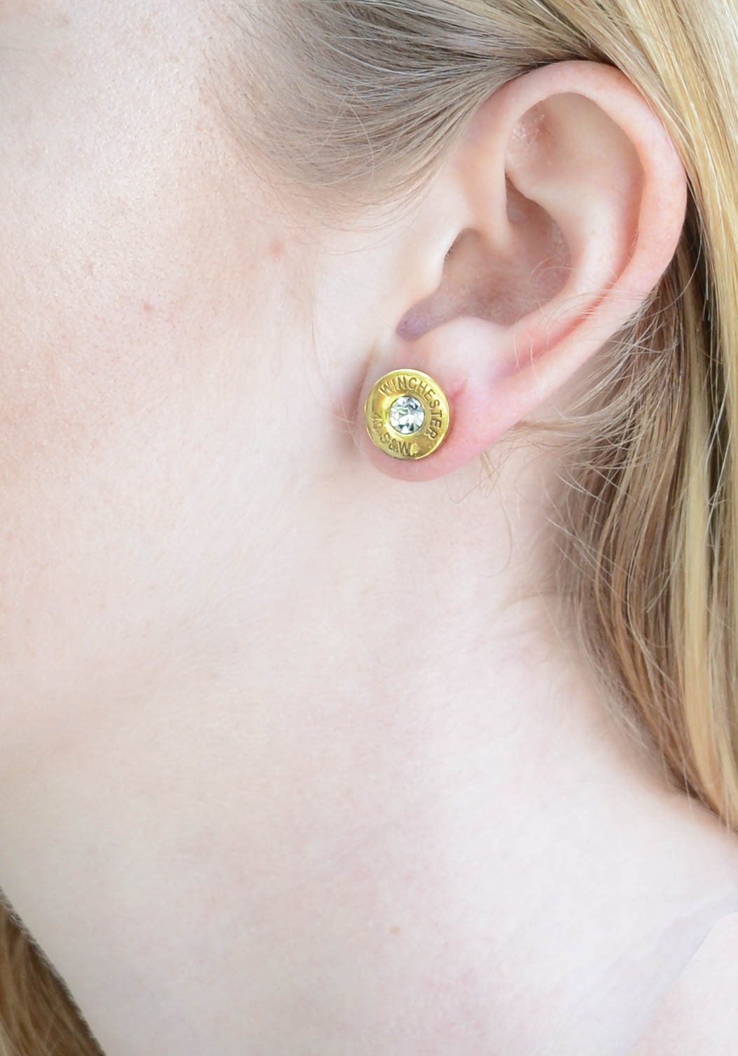 Bullet Earrings Gold Tone Imitation Diamonds In Center Stainless Steel Motorcycle Biker Jewelry