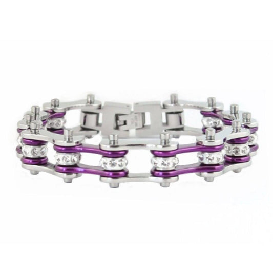 1/2" Wide Two Tone Silver Candy Purple with White Crystal Centers Stainless Steel Motorcycle Bike Chain Bracelet