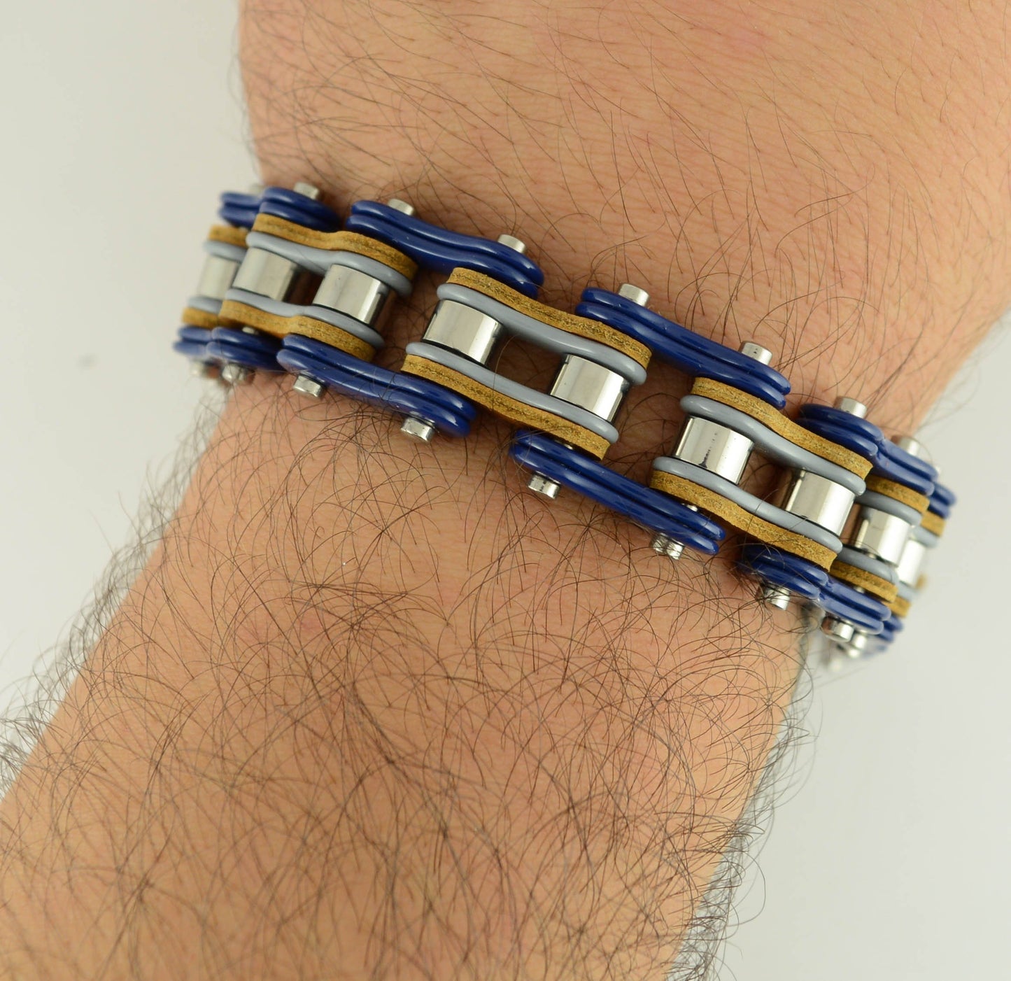 Tri-Color Tone Blue Grey Silver Leather 3/4" Wide Double Link Design Men's Stainless Steel Motorcycle Chain Bracelet