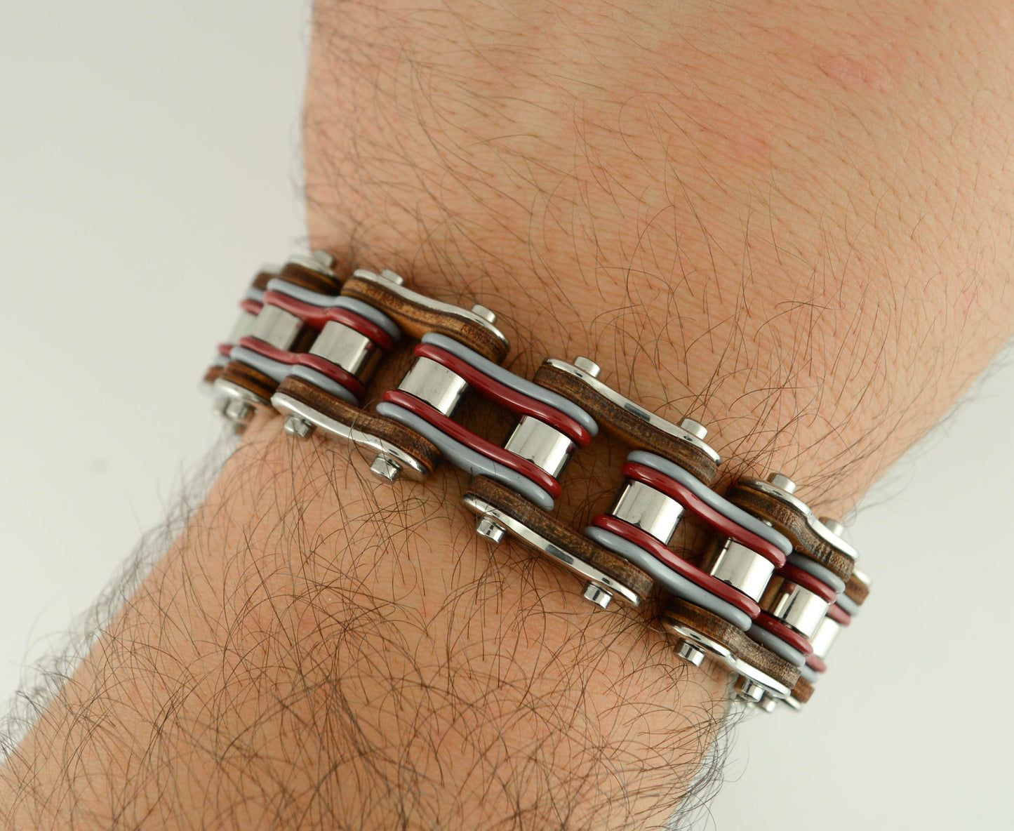 Tri-Color Tone Silver Grey Red Leather 3/4" Wide Double Link Design  Men's Stainless Steel Motorcycle Chain Bracelet