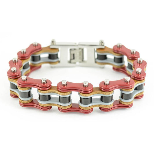 Tri-Color Red Grey Black Leather 3/4" Wide Double Link Design Men's Stainless Steel Motorcycle Chain Bracelet