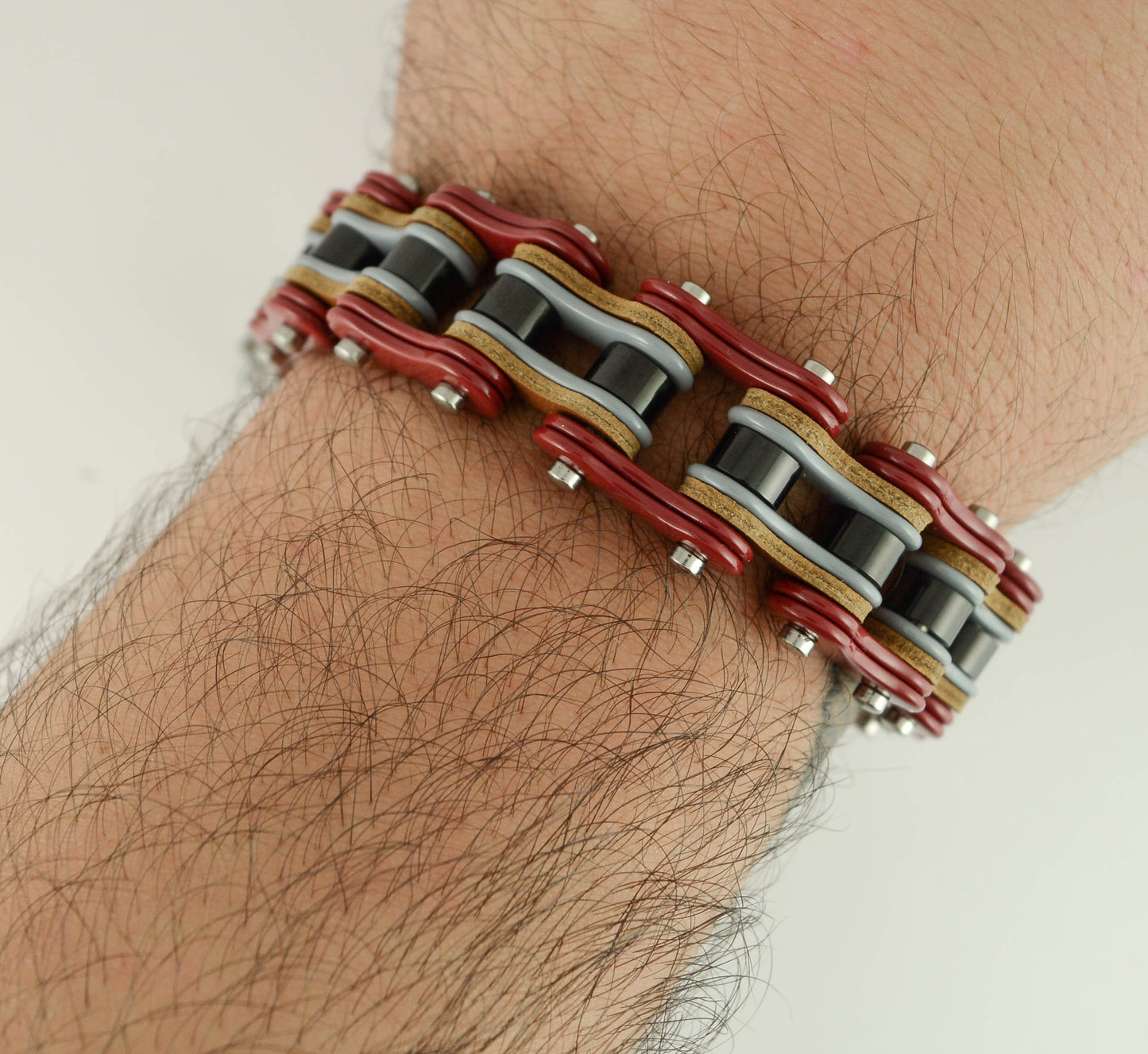 Tri-Color Red Grey Black Leather 3/4" Wide Double Link Design Men's Stainless Steel Motorcycle Chain Bracelet