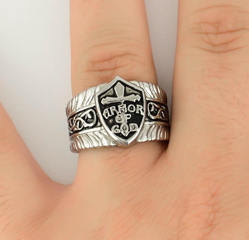 Gents' Armor Of God Shield Ring Stainless Steel Motorcycle Jewelry