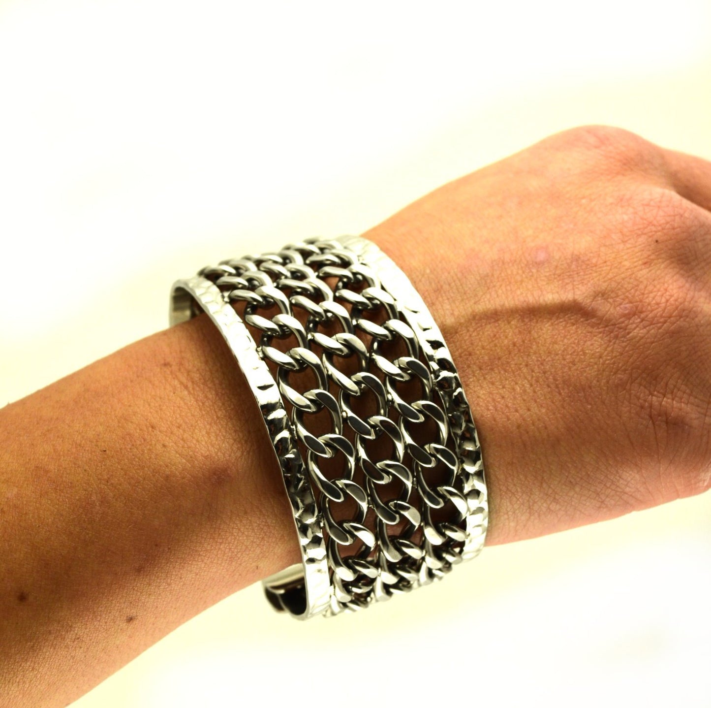 Women's 3 Row Chain Cuff Bracelet Stainless Steel Motorcycle Jewelry