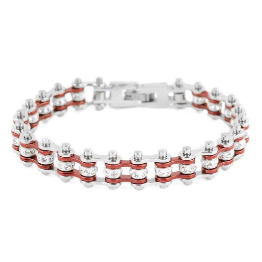 3/8" Wide MiniTwo Tone Silver Candy Red with White Crystal Rollers Stainless Steel Motorcycle Bike Chain Bracelet