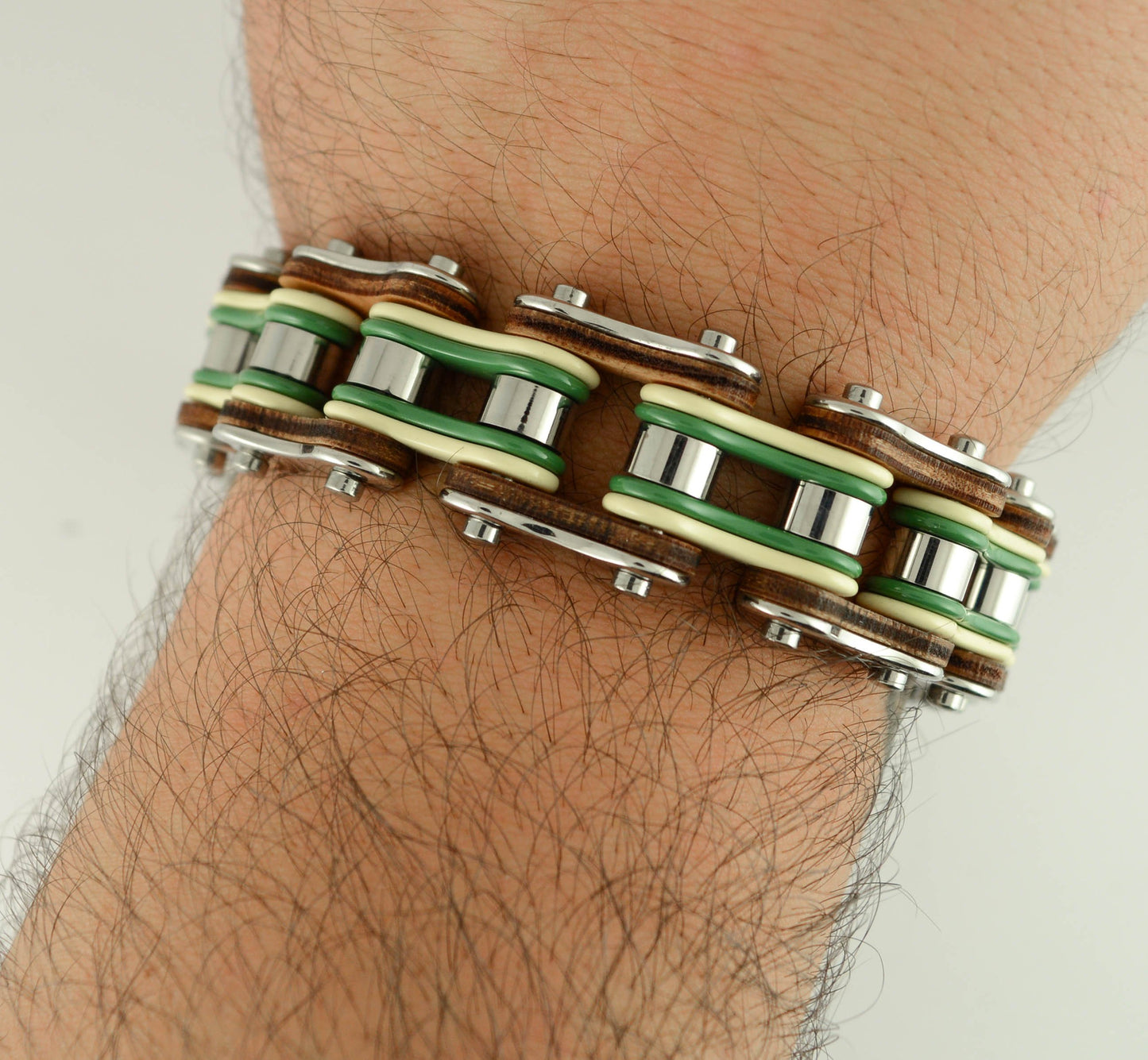 Tri-Color Silver Yellow Green Leather 3/4" Wide Men's Stainless Steel Motorcycle Chain Bracelet