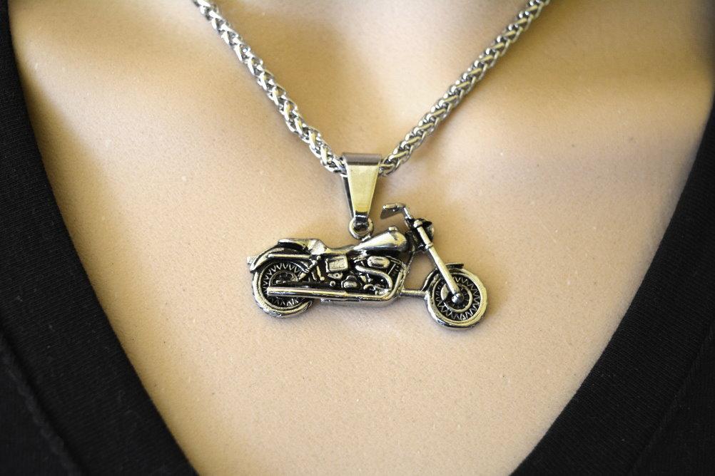 Motorcycle Biker Pendant 1.5" Wide Stainless Steel with 26" Chain