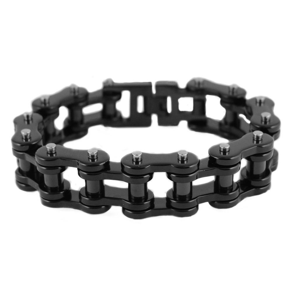 All Black Powder Coat 3/4" Wide Thick LinkUnisex Stainless Steel Motorcycle Chain Bracelet
