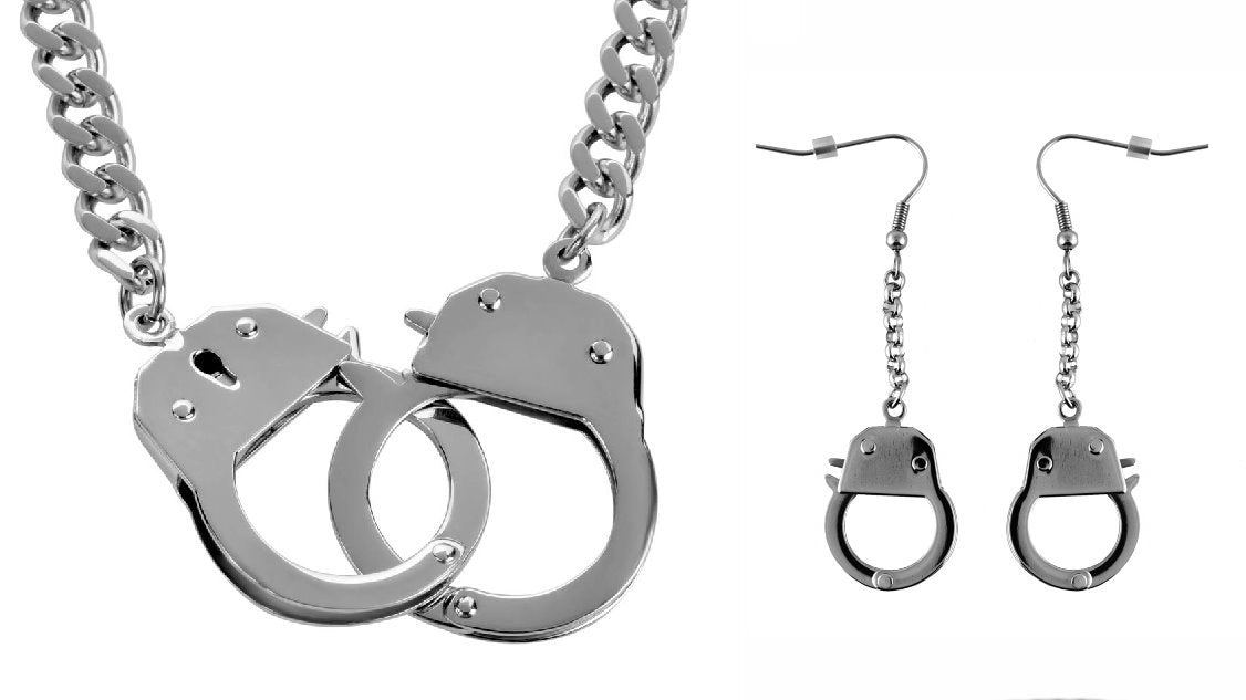 Women's Hand Cuff Necklace 19" with Matching Earrings Stainless Steel Motorcycle Jewelry