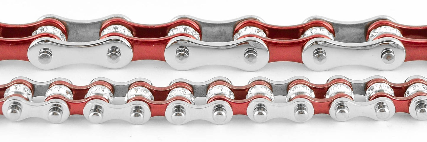 3/8" Wide MiniTwo Tone Silver Candy Red with White Crystal Rollers Stainless Steel Motorcycle Bike Chain Bracelet
