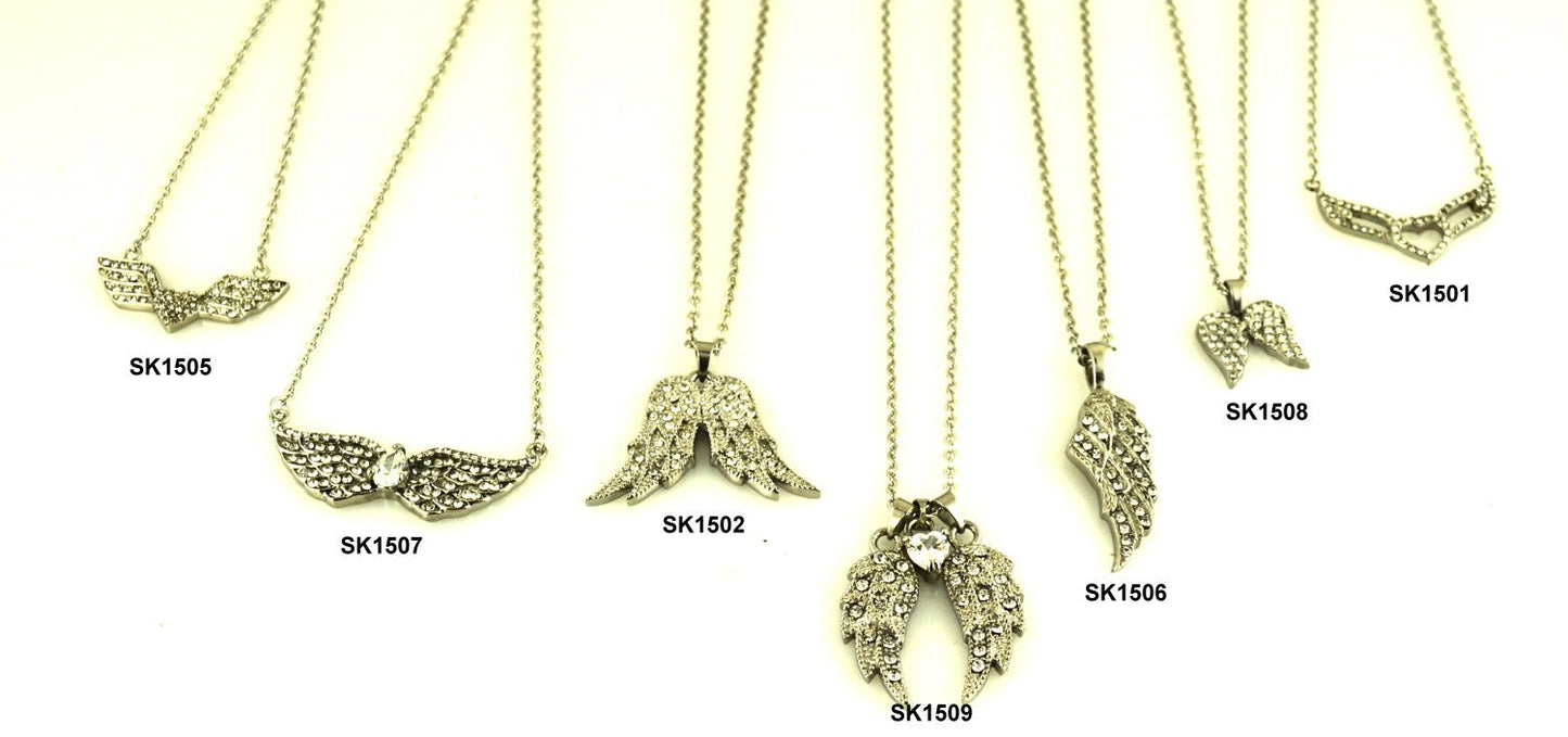 Women's Crystal Fixed Double Angel Wing Necklace 19" 1 1/4" Wide Stainless Steel Motorcycle Jewelry