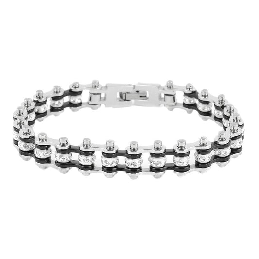 3/8" Wide MiniTwo Tone Silver Black with White Crystal Centers Stainless Steel Motorcycle Bike Chain Bracelet