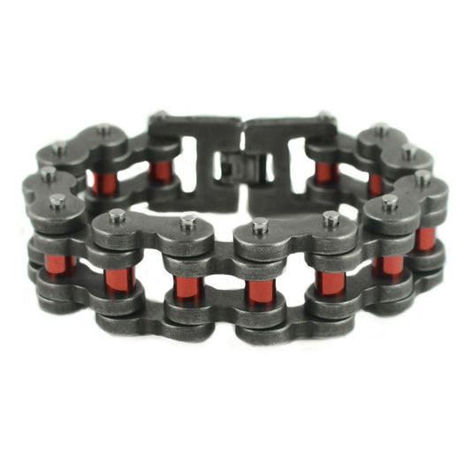 Distressed Antique Finish 1" Wide with Candy Red Rollers THICK LINK Stainless Steel Motorcycle Chain Bracelet