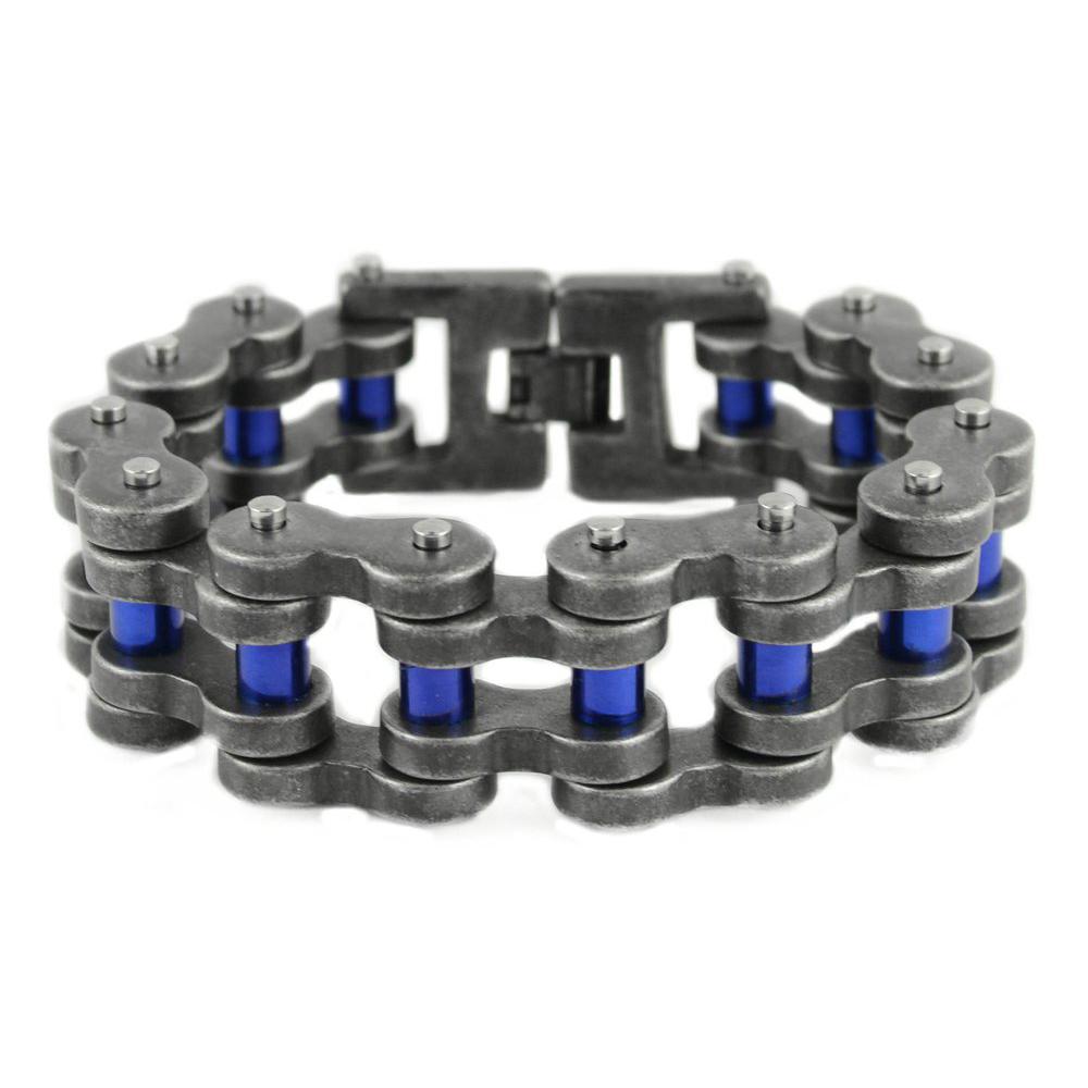 Distressed Antique Finish 1" Wide with Candy Blue Rollers THICK LINK Men's Stainless Steel Motorcycle Chain Bracelet