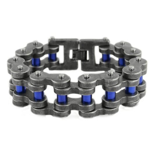 Distressed Antique Finish 1" Wide with Candy Blue Rollers THICK LINK Men's Stainless Steel Motorcycle Chain Bracelet
