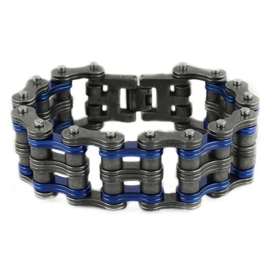 1" Wide Two Tone Distressed Finish Candy Blue LinksUnisex Stainless Steel Motorcycle Chain Bracelet