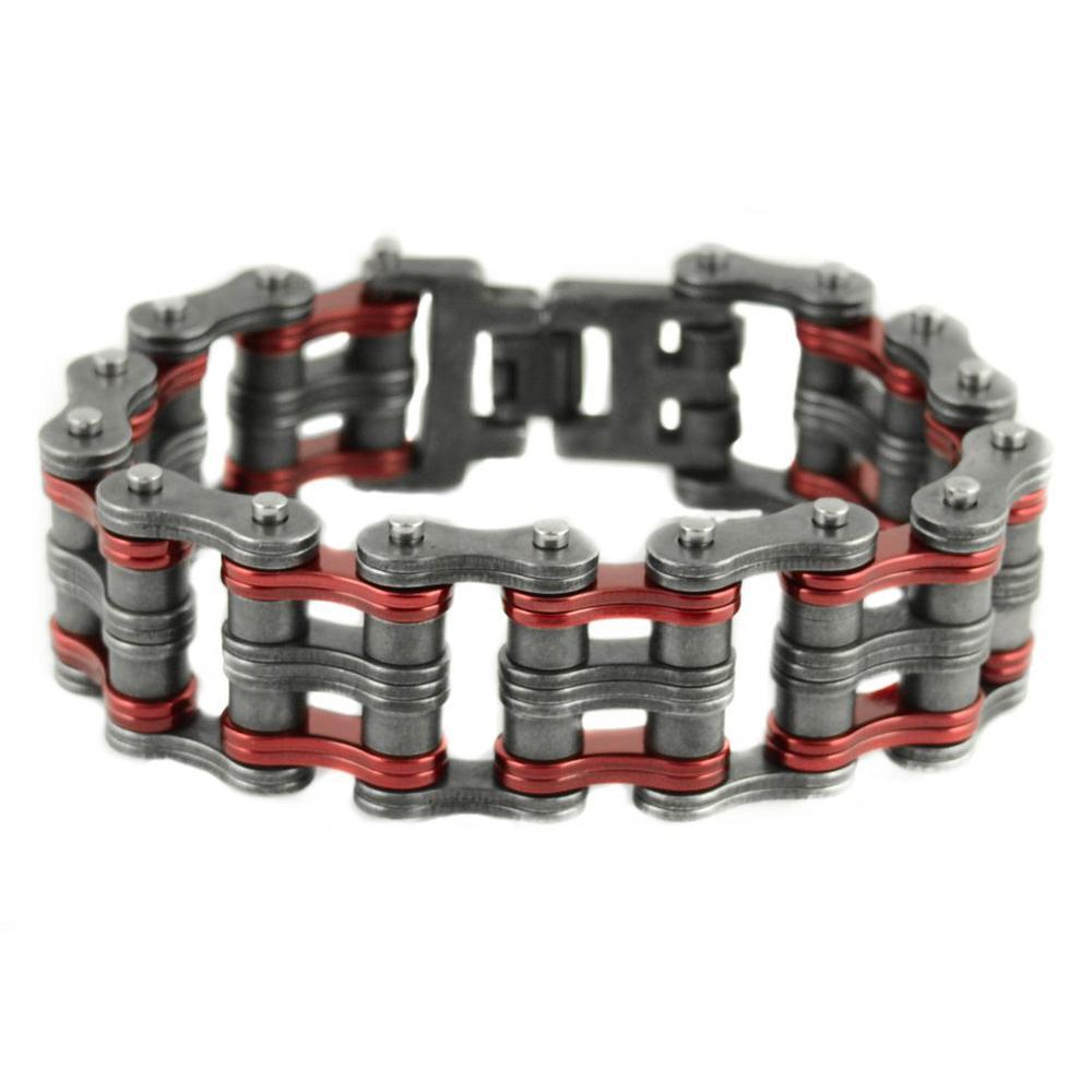Two Tone 1" Wide Distressed Finish Candy RedUnisex Stainless Steel Motorcycle Chain Bracelet