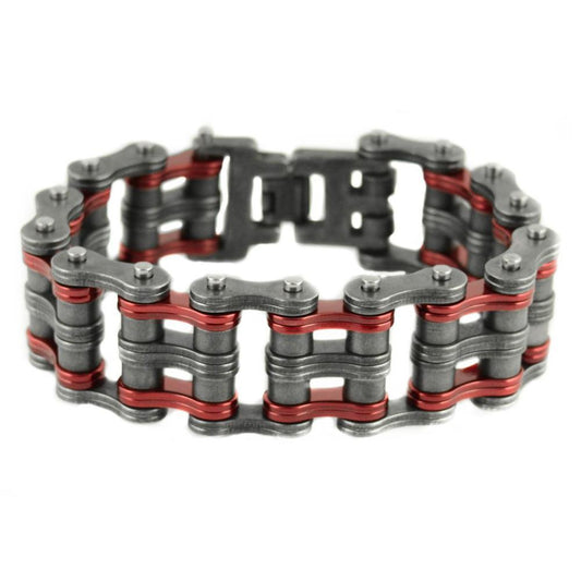 Two Tone 1" Wide Distressed Finish Candy RedUnisex Stainless Steel Motorcycle Chain Bracelet