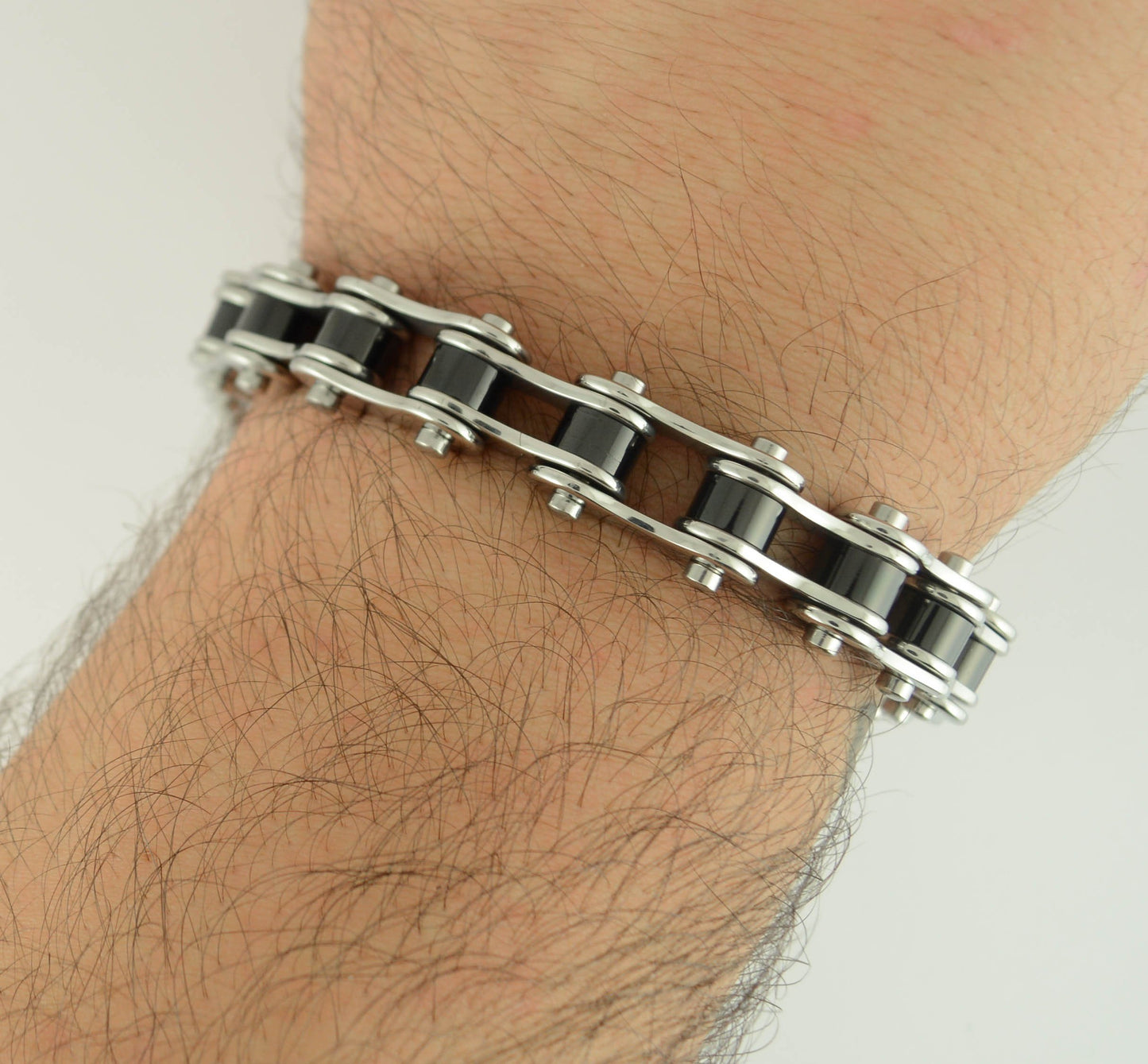 Two Tone Silver Black Rollers 1/2" Wide Original Design Stainless Steel Motorcycle Chain Bracelet