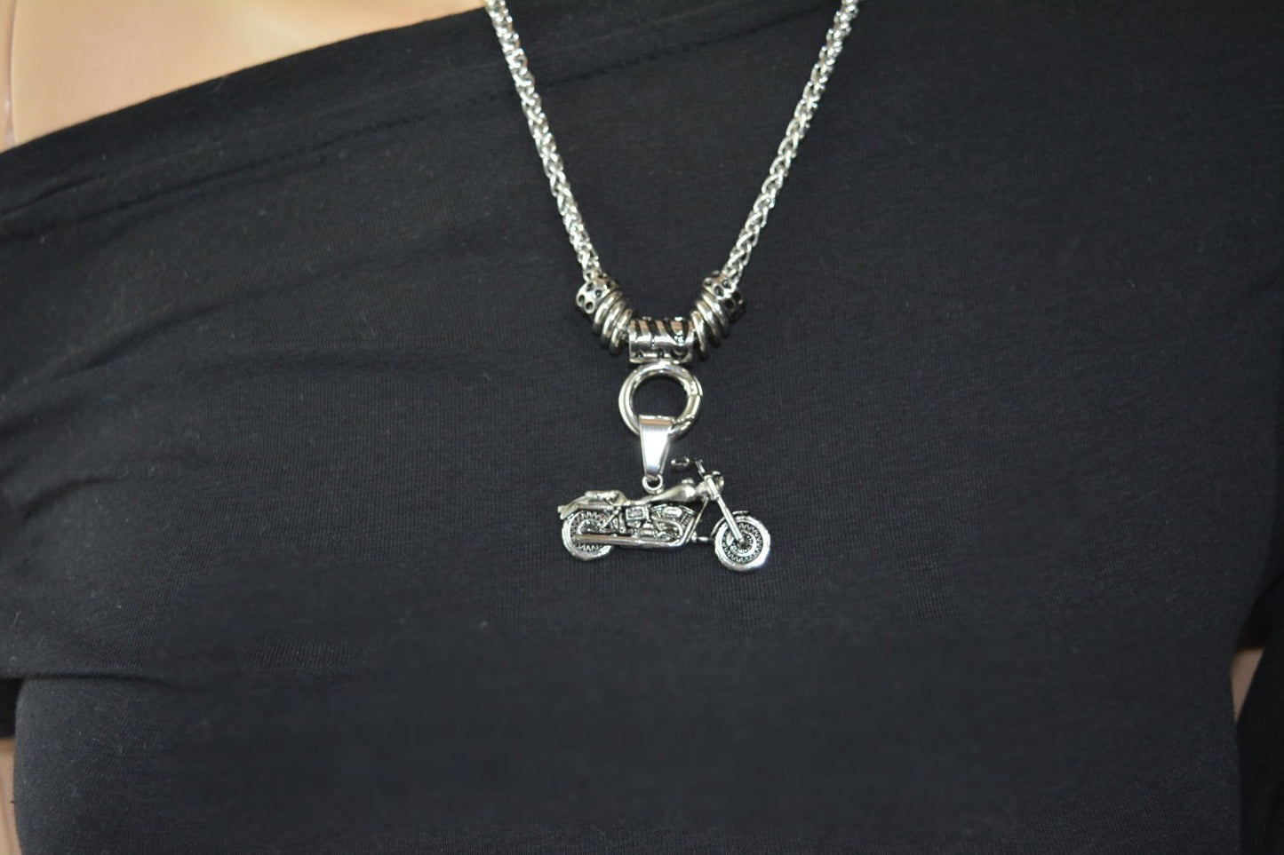 Women's Motorcycle Pendant with 4mm 19" Foxtail Necklace Stainless Steel Motorcycle Jewelry