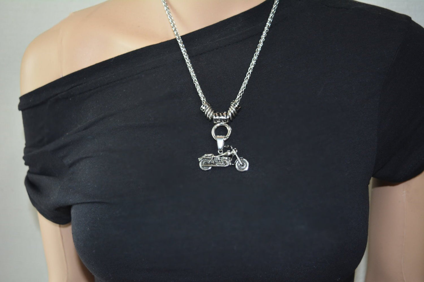 Women's Motorcycle Pendant with 4mm 19" Foxtail Necklace Stainless Steel Motorcycle Jewelry