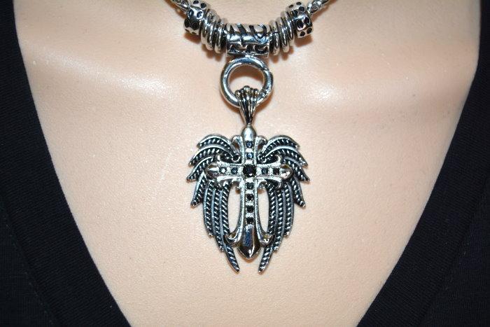 Women's Angel Wing &amp; Cross Black Bling Pendant with 4mm Foxtail Necklace 19" Stainless Steel