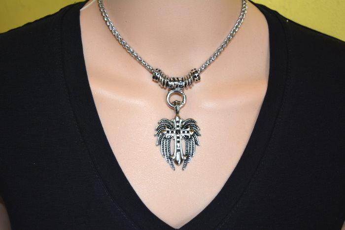 Women's Angel Wing &amp; Cross Black Bling Pendant with 4mm Foxtail Necklace 19" Stainless Steel