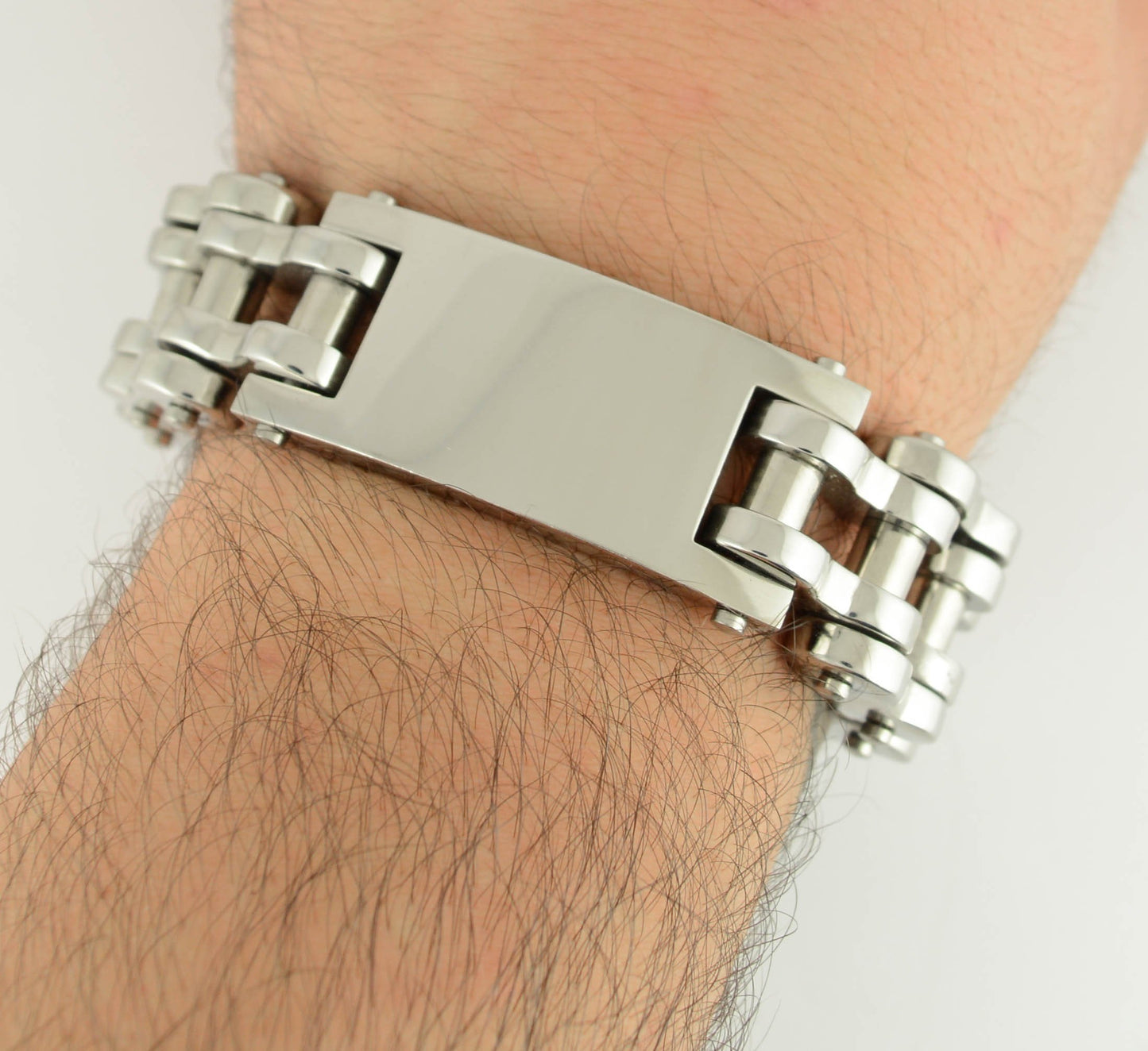 All Stainless 1" Wide I.D. Plate For EngravingUnisex Stainless Steel Motorcycle Chain Bracelet