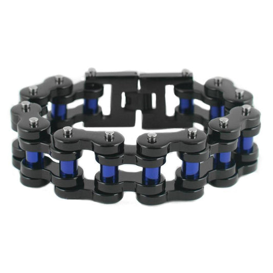 1" Wide Black with Blue Rollers THICK LINK Men's Stainless Steel Motorcycle Chain Bracelet