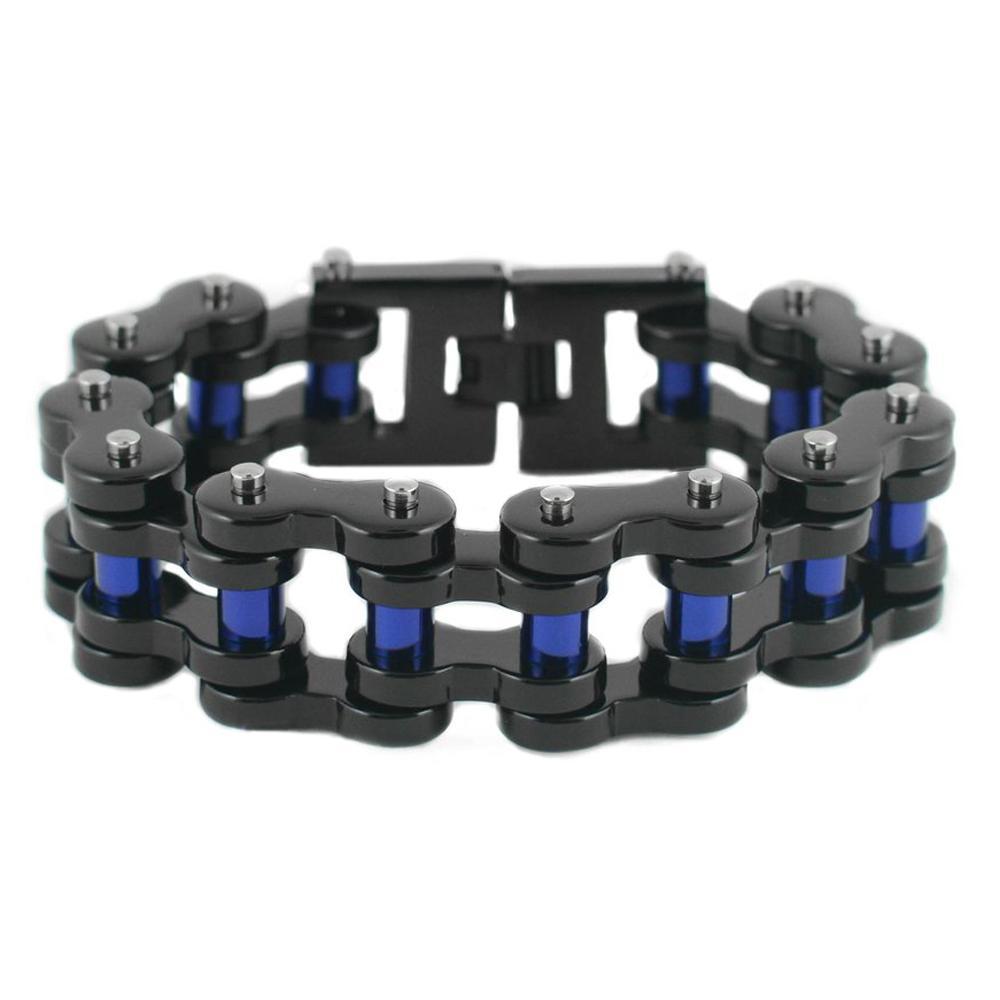 1" Wide Black with Blue Rollers THICK LINK Men's Stainless Steel Motorcycle Chain Bracelet