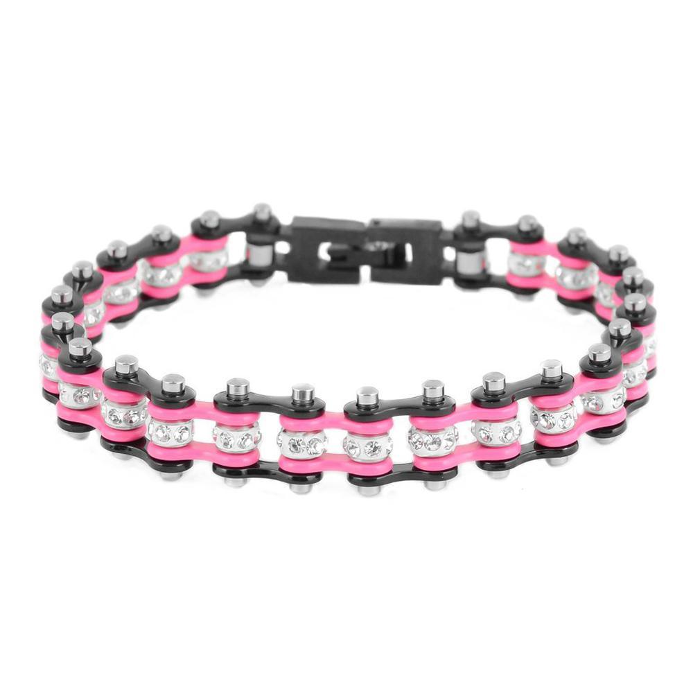 1/2" Wide MiniTwo Tone Black Pink with White Crystal Centers Stainless Steel Motorcycle Bike Chain Bracelet