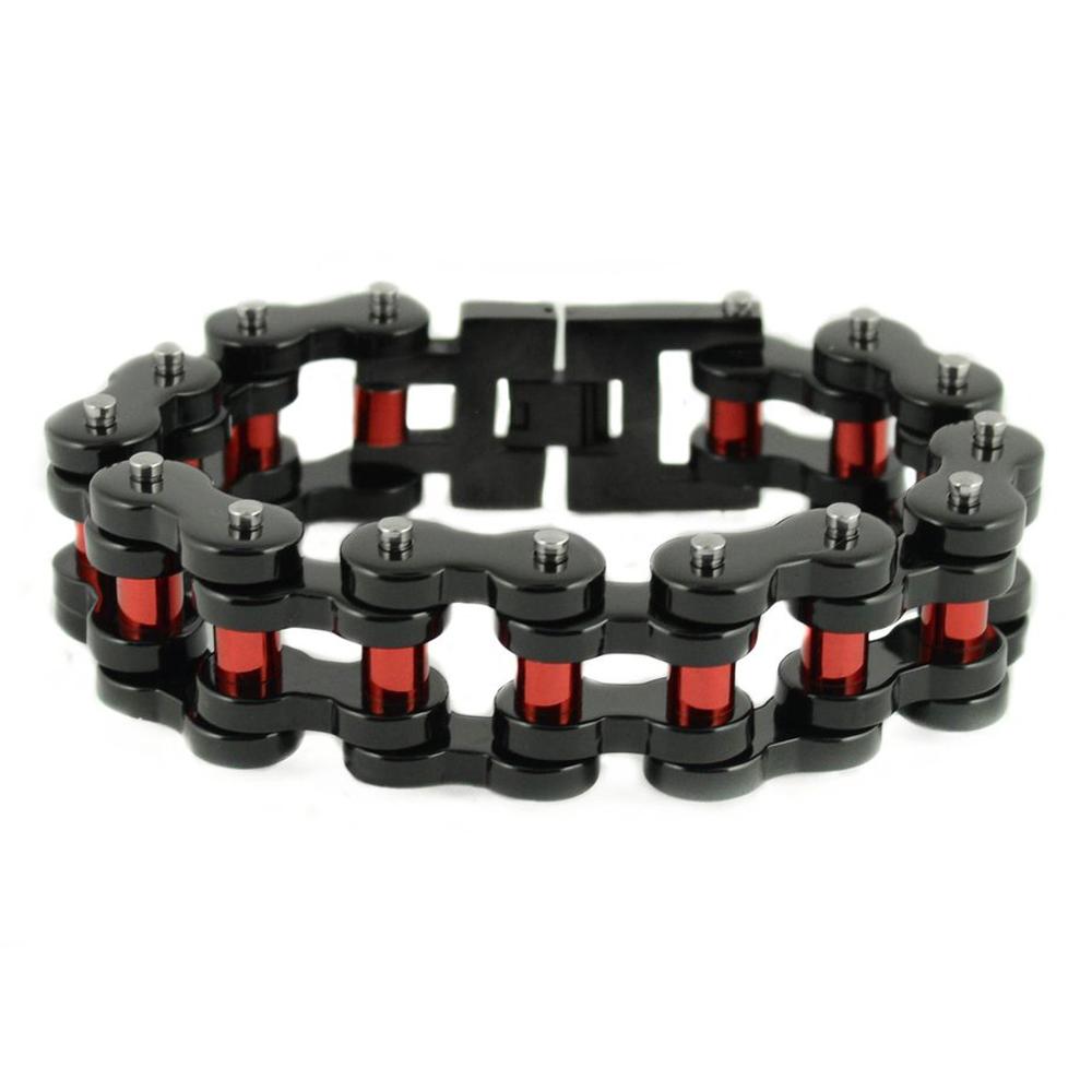 1" Wide Black with Red Rollers THICK Stainless Steel Motorcycle Chain Bracelet
