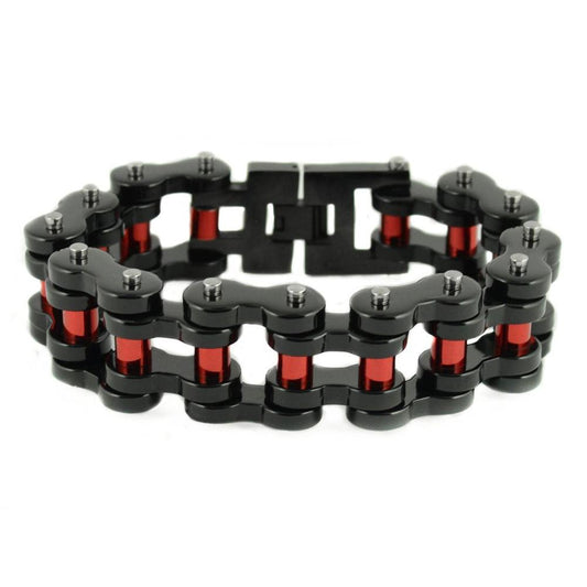 1" Wide Black with Red Rollers THICK Stainless Steel Motorcycle Chain Bracelet