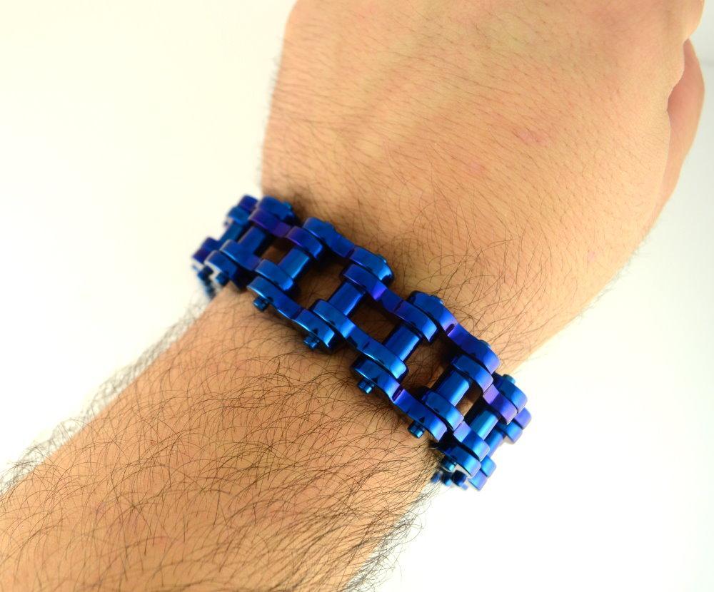 All Blue 1" WideUnisex Stainless Steel Motorcycle Chain Bracelet
