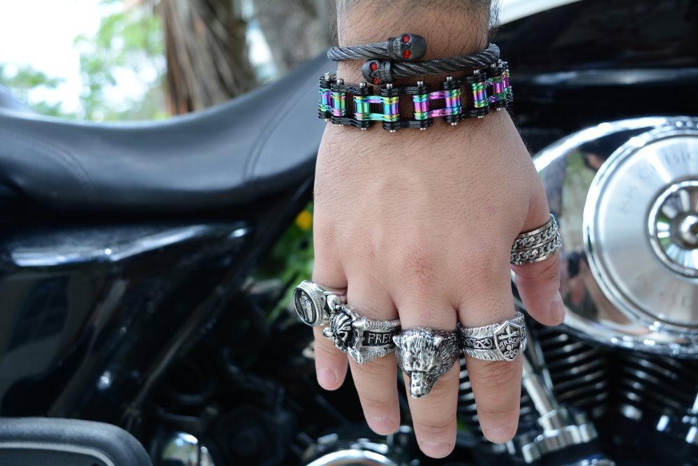 Two Tone Black Rainbow 3/4" Wide Double Link Design  Stainless Steel Motorcycle Chain Bracelet
