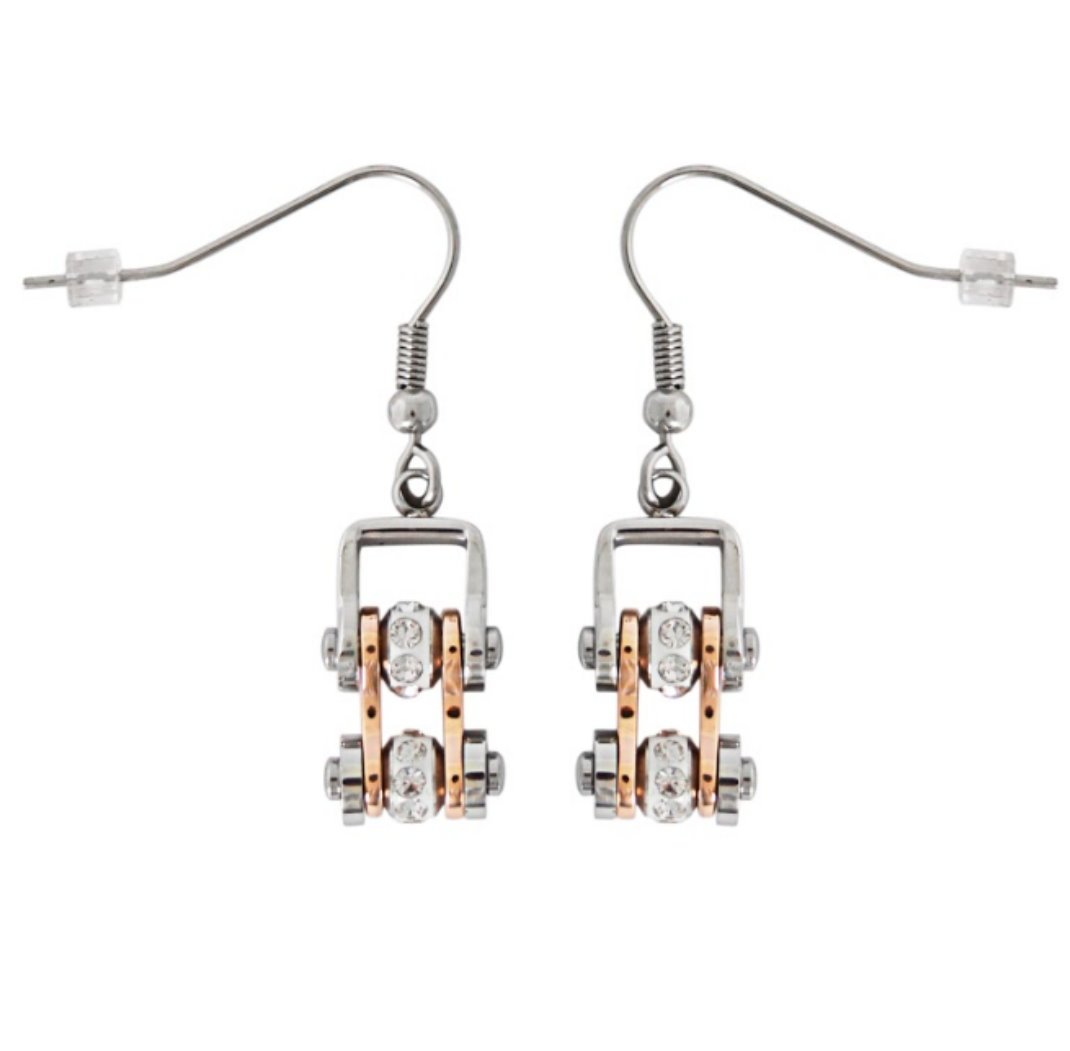 MiniEARRINGS Two Tone Silver Rose Gold with White Crystal Centers Stainless Steel Motorcycle Bike Chain