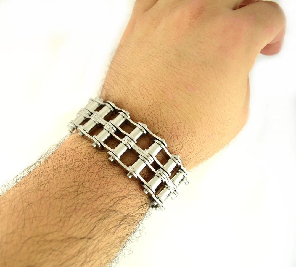 1" Wide All Silver Tone New Drive Chain Design Double Roller Design Stainless Steel Motorcycle Chain Bracelet