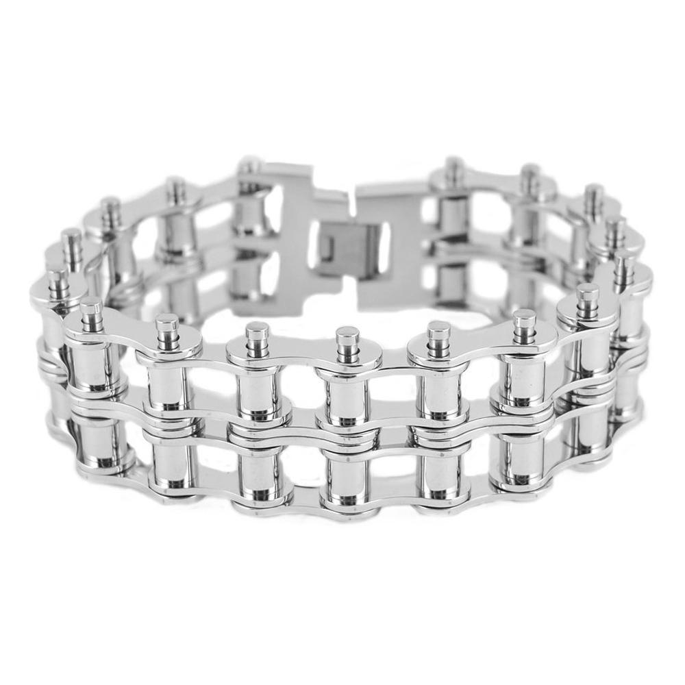 1" Wide All Silver Tone New Drive Chain Design Double Roller Design Stainless Steel Motorcycle Chain Bracelet