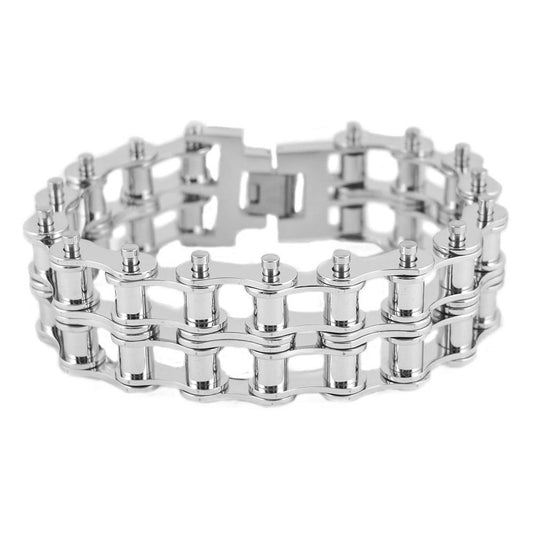 1" Wide All Silver Tone New Drive Chain Design Double Roller Design Stainless Steel Motorcycle Chain Bracelet